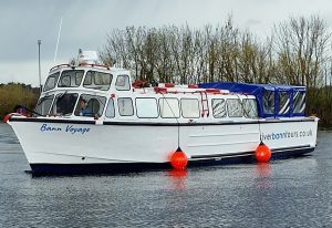 Bann Voyage a river tour boat with a seating capacity for 47 passengers delivering boat tours on the Lower River Bann and Lough Neagh